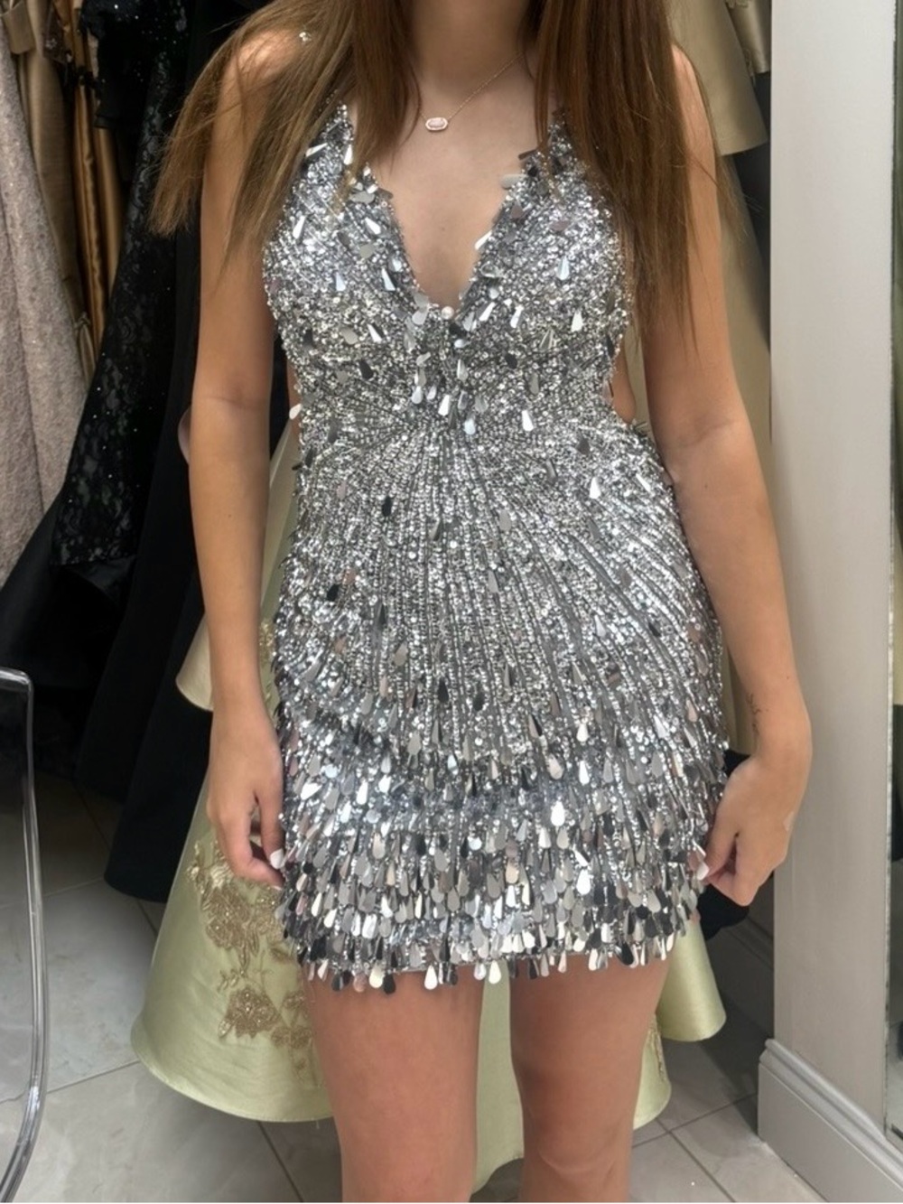 Sherri Hill Silver Sequin & Beaded V‑Neck Mini Dress